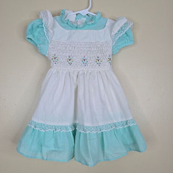 Polly Finders vintage smocked floral apron dress with ruffle shoulders size 3t - Picture 1 of 7